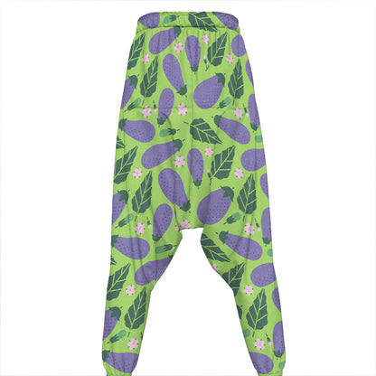 Eggplant With Leaves And Flowers Print Hammer Pants