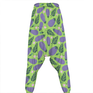 Eggplant With Leaves And Flowers Print Hammer Pants