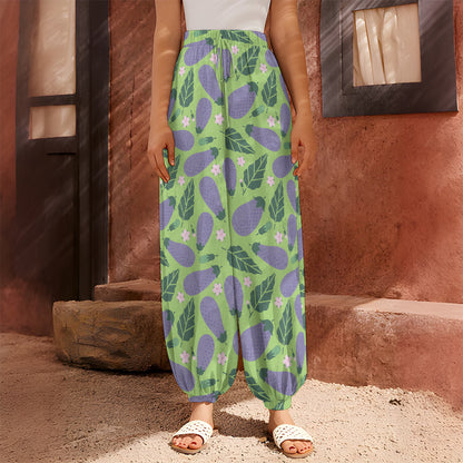 Eggplant With Leaves And Flowers Print Harem Pants