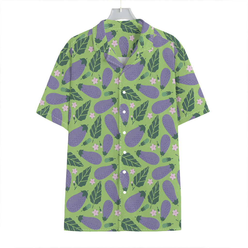 Eggplant With Leaves And Flowers Print Hawaiian Shirt