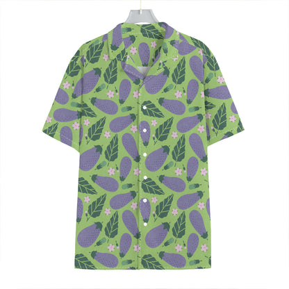 Eggplant With Leaves And Flowers Print Hawaiian Shirt