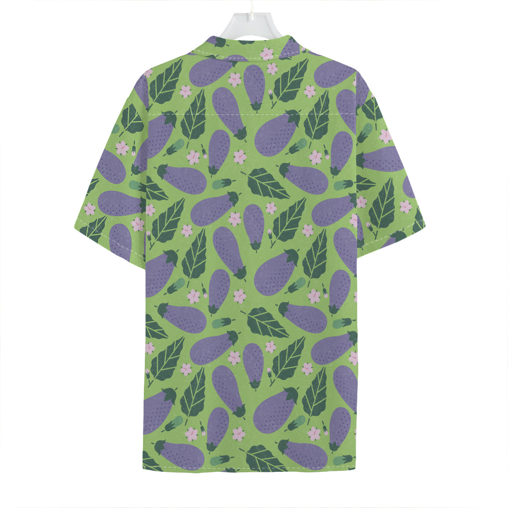 Eggplant With Leaves And Flowers Print Hawaiian Shirt