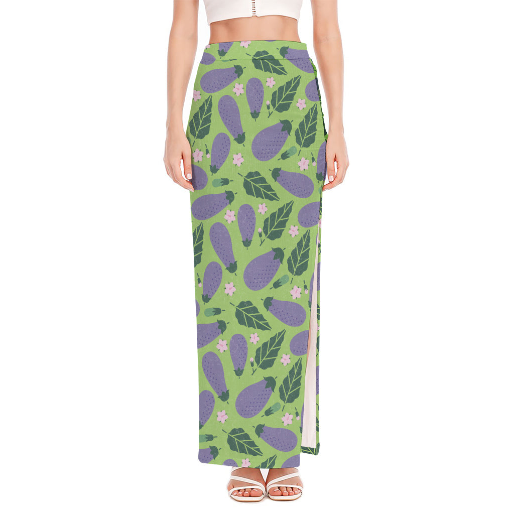 Eggplant With Leaves And Flowers Print High Slit Maxi Skirt