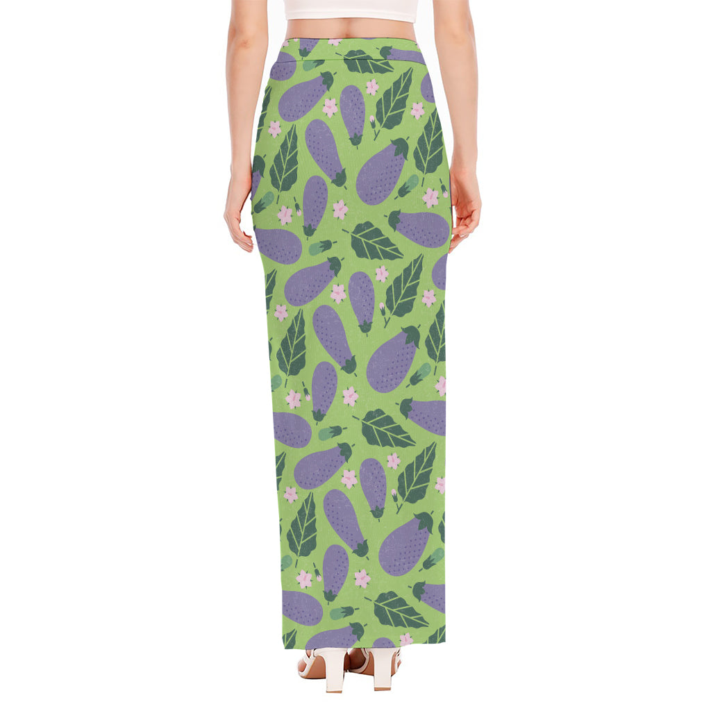 Eggplant With Leaves And Flowers Print High Slit Maxi Skirt