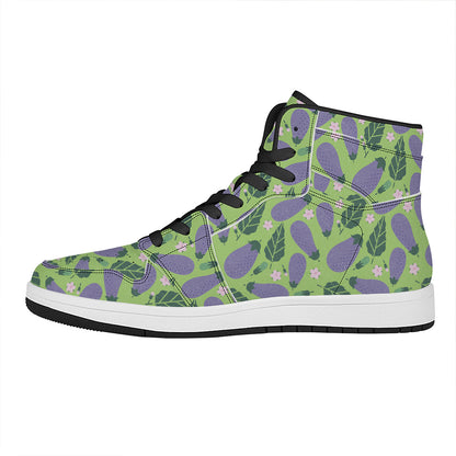 Eggplant With Leaves And Flowers Print High Top Leather Sneakers