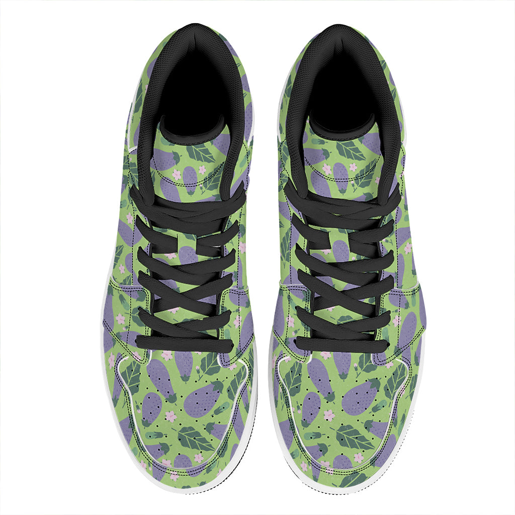 Eggplant With Leaves And Flowers Print High Top Leather Sneakers