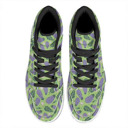 Eggplant With Leaves And Flowers Print High Top Leather Sneakers