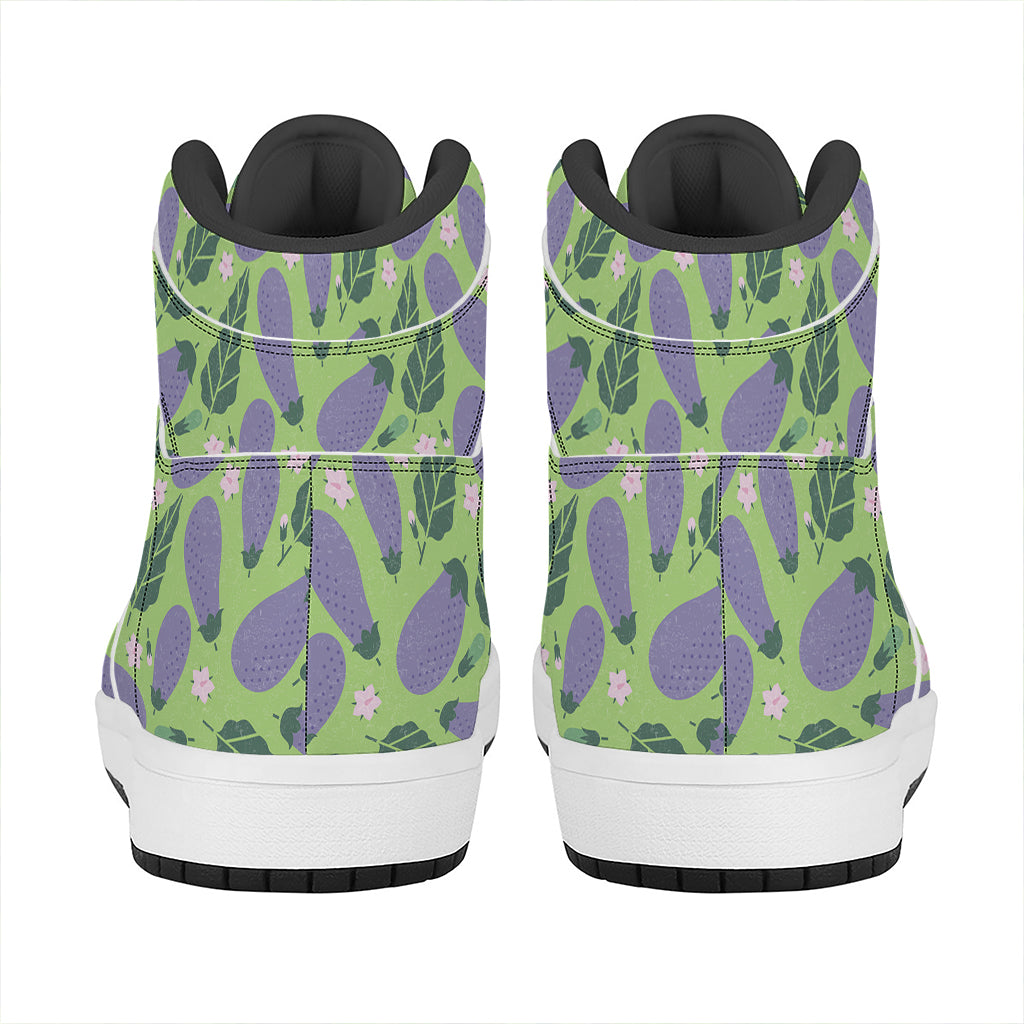 Eggplant With Leaves And Flowers Print High Top Leather Sneakers