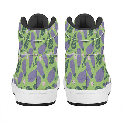 Eggplant With Leaves And Flowers Print High Top Leather Sneakers