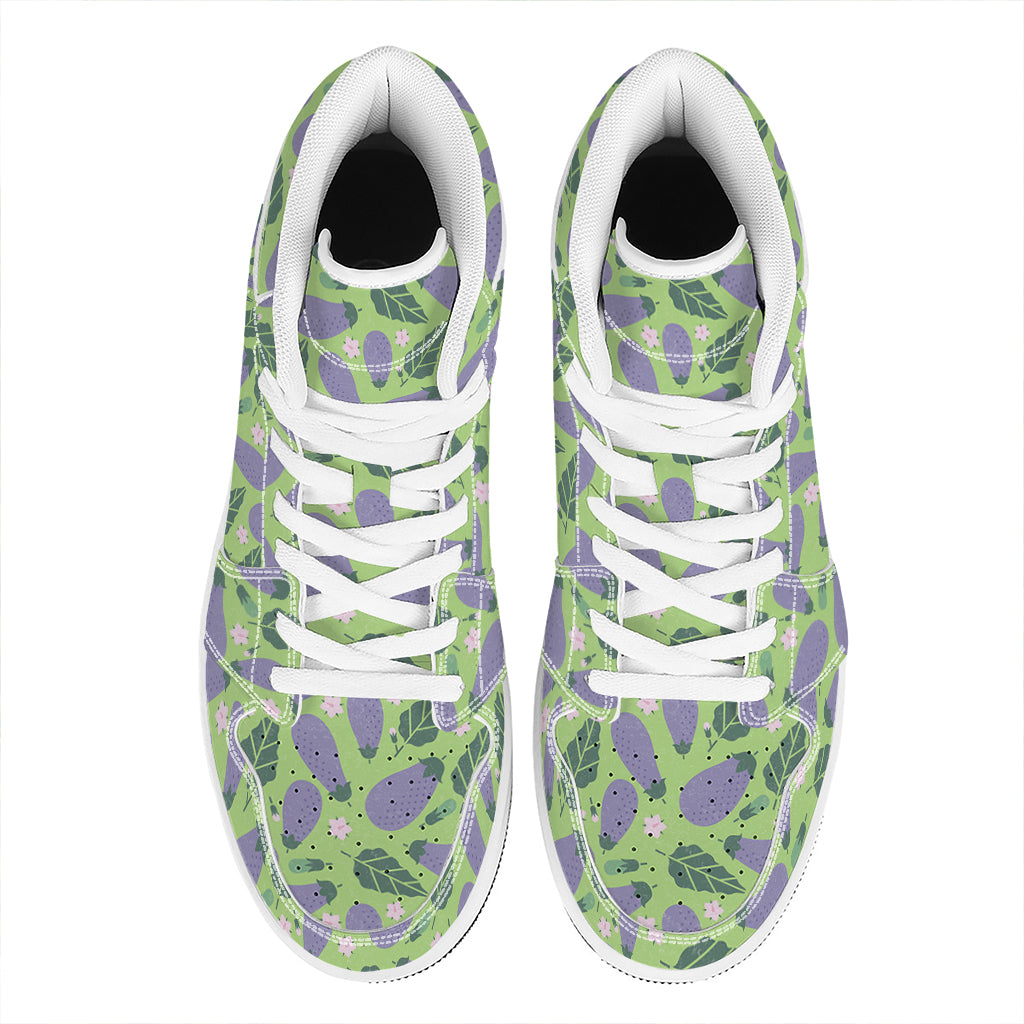 Eggplant With Leaves And Flowers Print High Top Leather Sneakers
