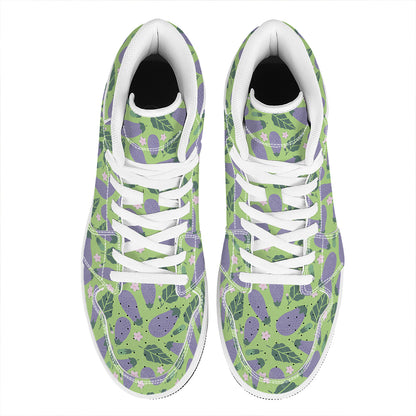 Eggplant With Leaves And Flowers Print High Top Leather Sneakers
