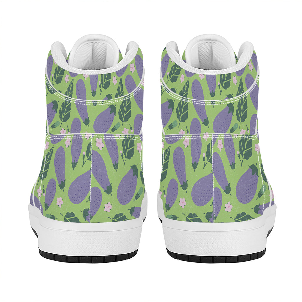Eggplant With Leaves And Flowers Print High Top Leather Sneakers