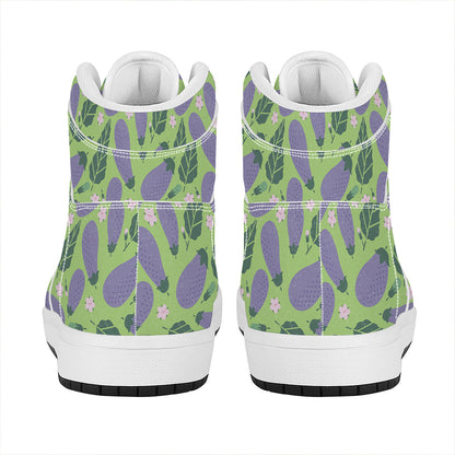 Eggplant With Leaves And Flowers Print High Top Leather Sneakers