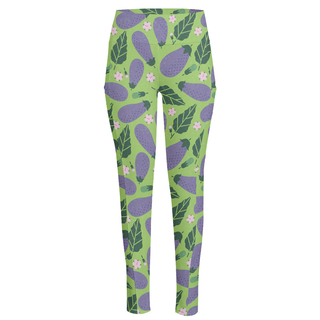 Eggplant With Leaves And Flowers Print High-Waisted Pocket Leggings