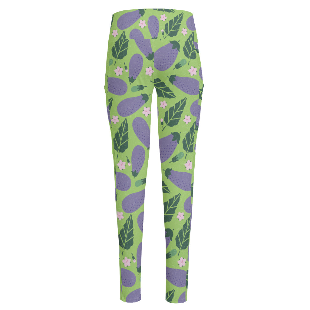 Eggplant With Leaves And Flowers Print High-Waisted Pocket Leggings