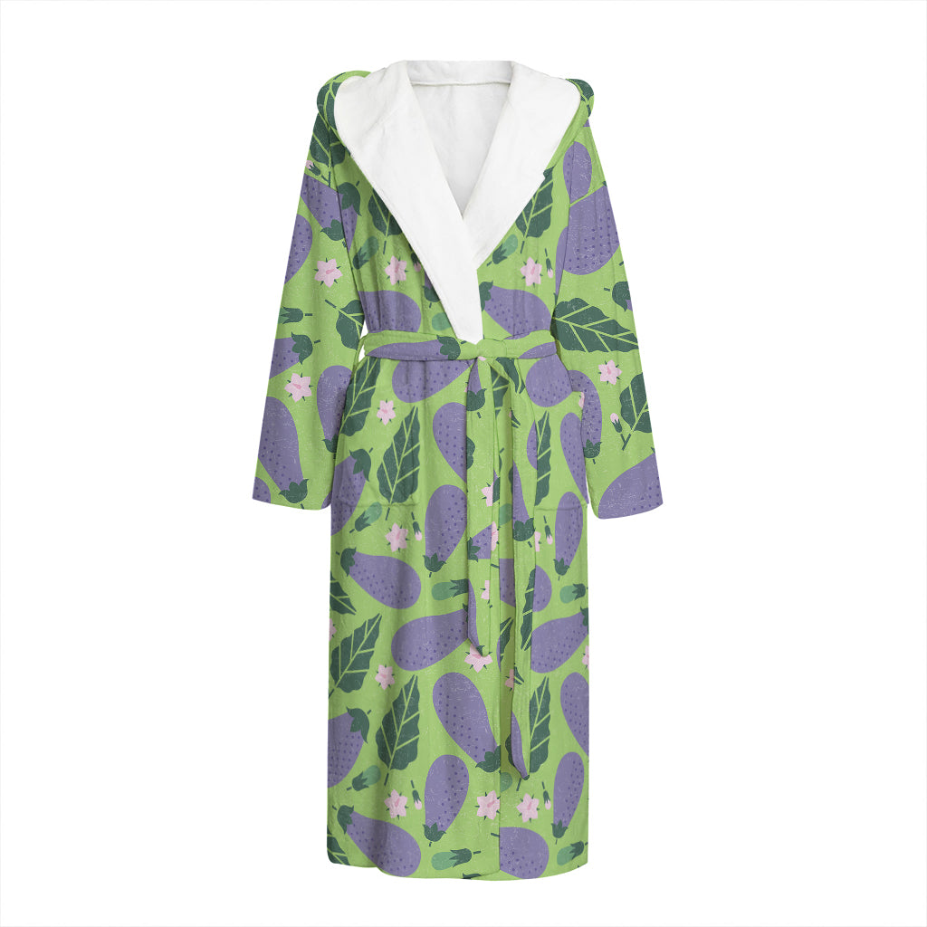 Eggplant With Leaves And Flowers Print Hooded Bathrobe