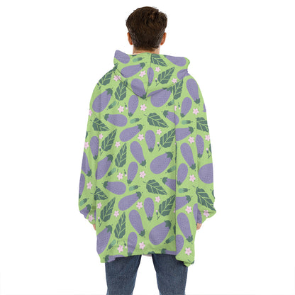 Eggplant With Leaves And Flowers Print Hoodie Blanket