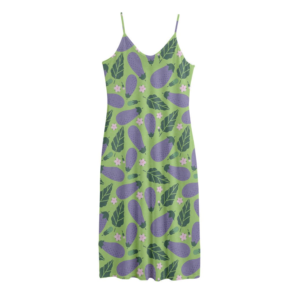 Eggplant With Leaves And Flowers Print Jersey Midi Cami Dress