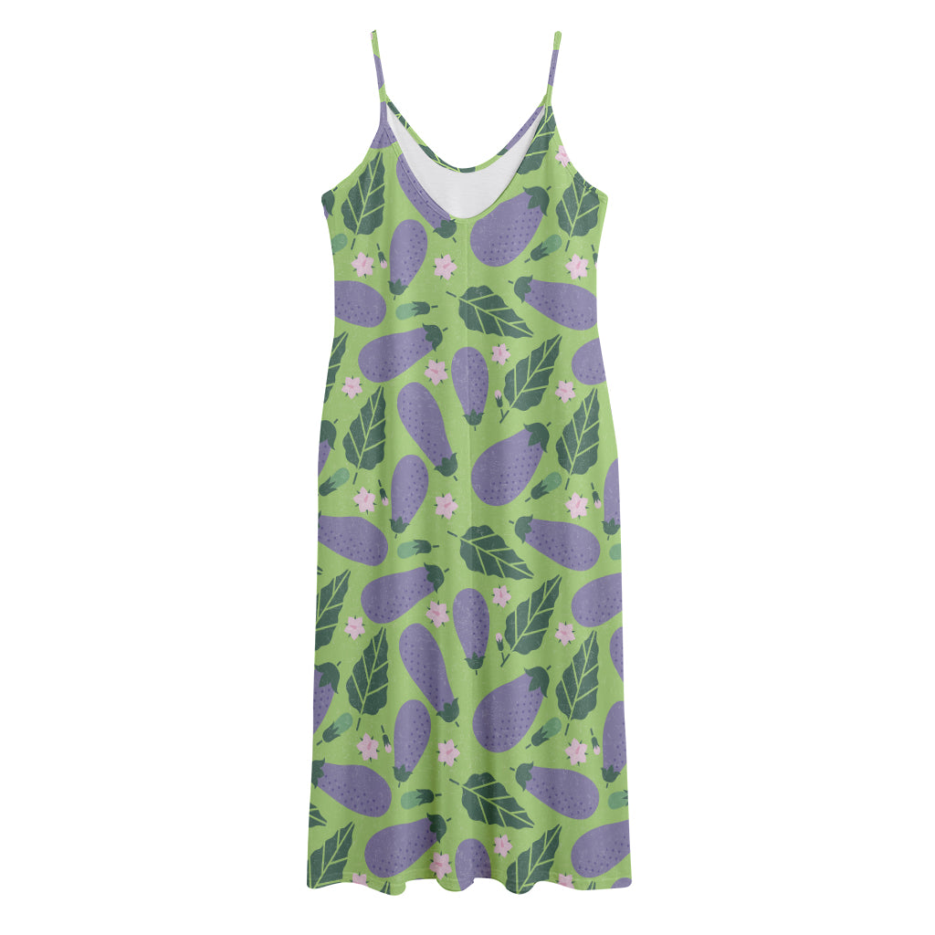 Eggplant With Leaves And Flowers Print Jersey Midi Cami Dress