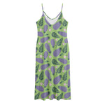 Eggplant With Leaves And Flowers Print Jersey Midi Cami Dress