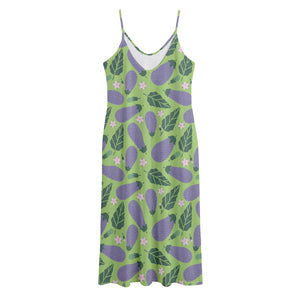 Eggplant With Leaves And Flowers Print Jersey Midi Cami Dress