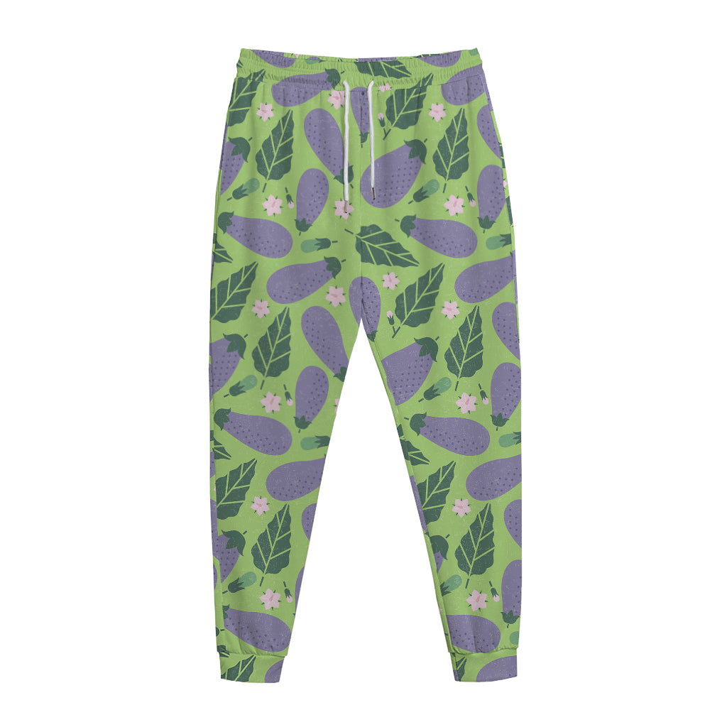 Eggplant With Leaves And Flowers Print Jogger Pants