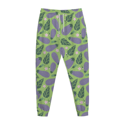 Eggplant With Leaves And Flowers Print Jogger Pants