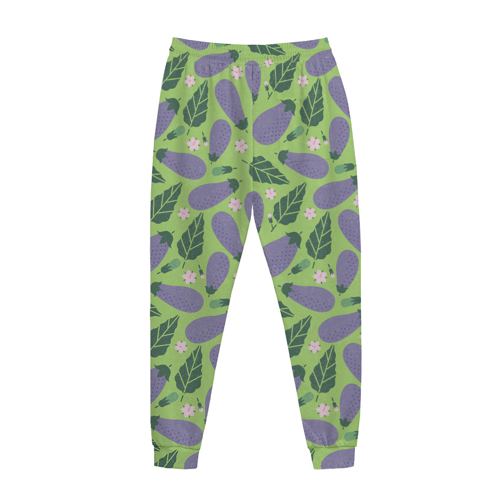 Eggplant With Leaves And Flowers Print Jogger Pants