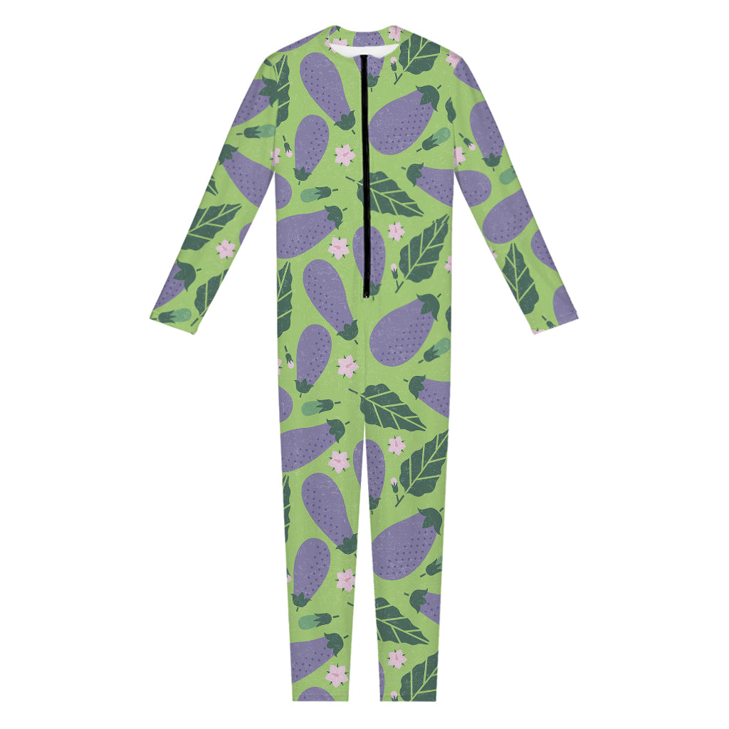 Eggplant With Leaves And Flowers Print Jumpsuit