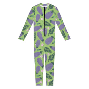 Eggplant With Leaves And Flowers Print Jumpsuit