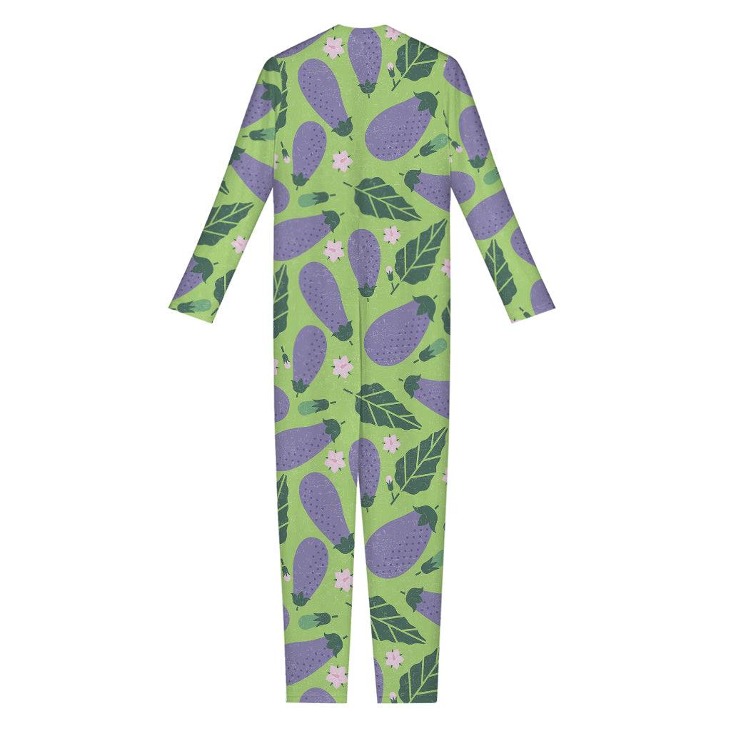 Eggplant With Leaves And Flowers Print Jumpsuit