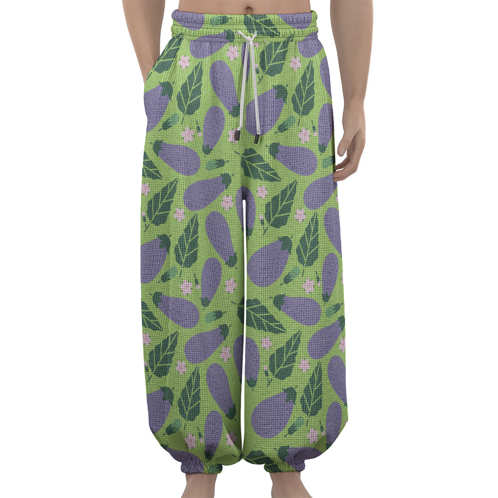 Eggplant With Leaves And Flowers Print Lantern Pants