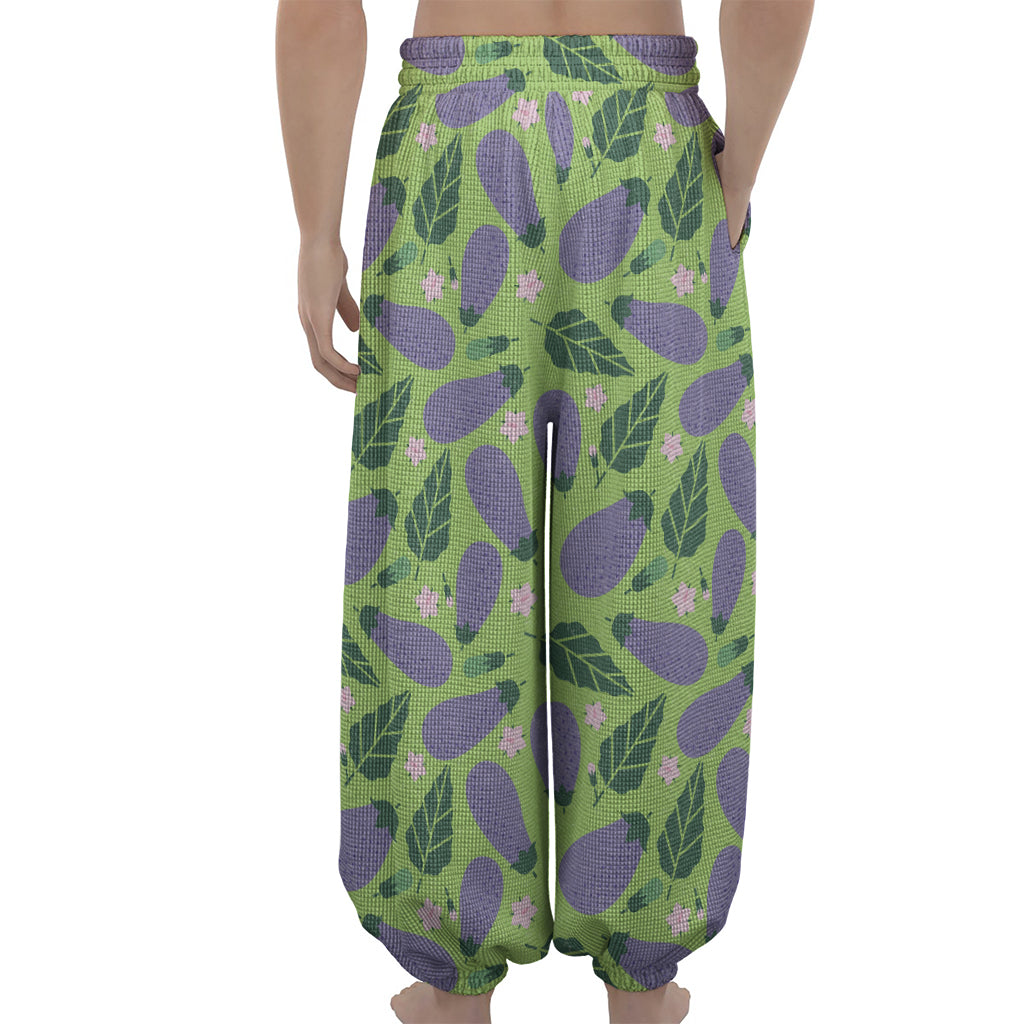Eggplant With Leaves And Flowers Print Lantern Pants