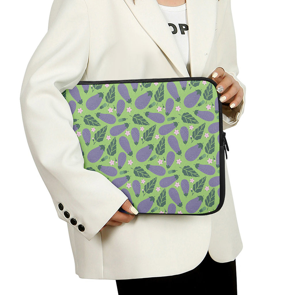 Eggplant With Leaves And Flowers Print Laptop Sleeve