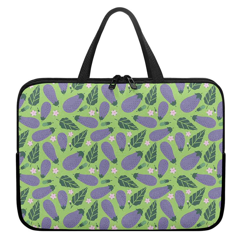 Eggplant With Leaves And Flowers Print Laptop Sleeve With Handle