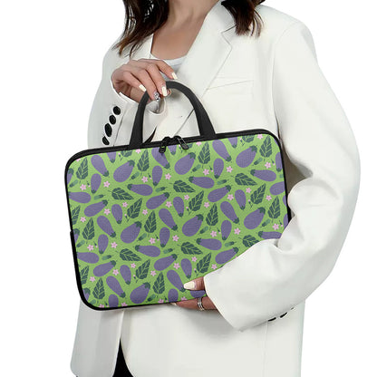 Eggplant With Leaves And Flowers Print Laptop Sleeve With Handle