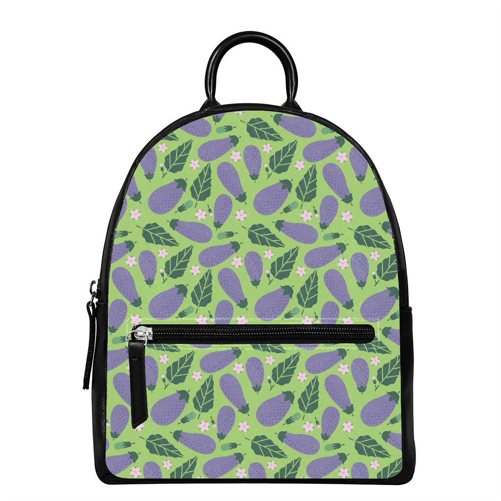 Eggplant With Leaves And Flowers Print Leather Backpack