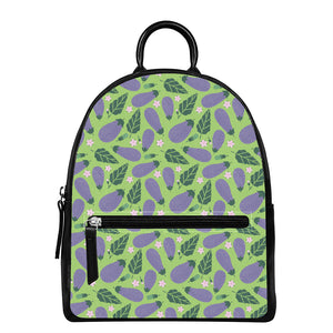 Eggplant With Leaves And Flowers Print Leather Backpack