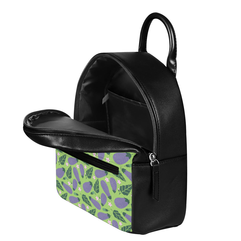 Eggplant With Leaves And Flowers Print Leather Backpack