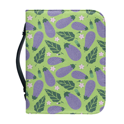 Eggplant With Leaves And Flowers Print Leather Bible Cover