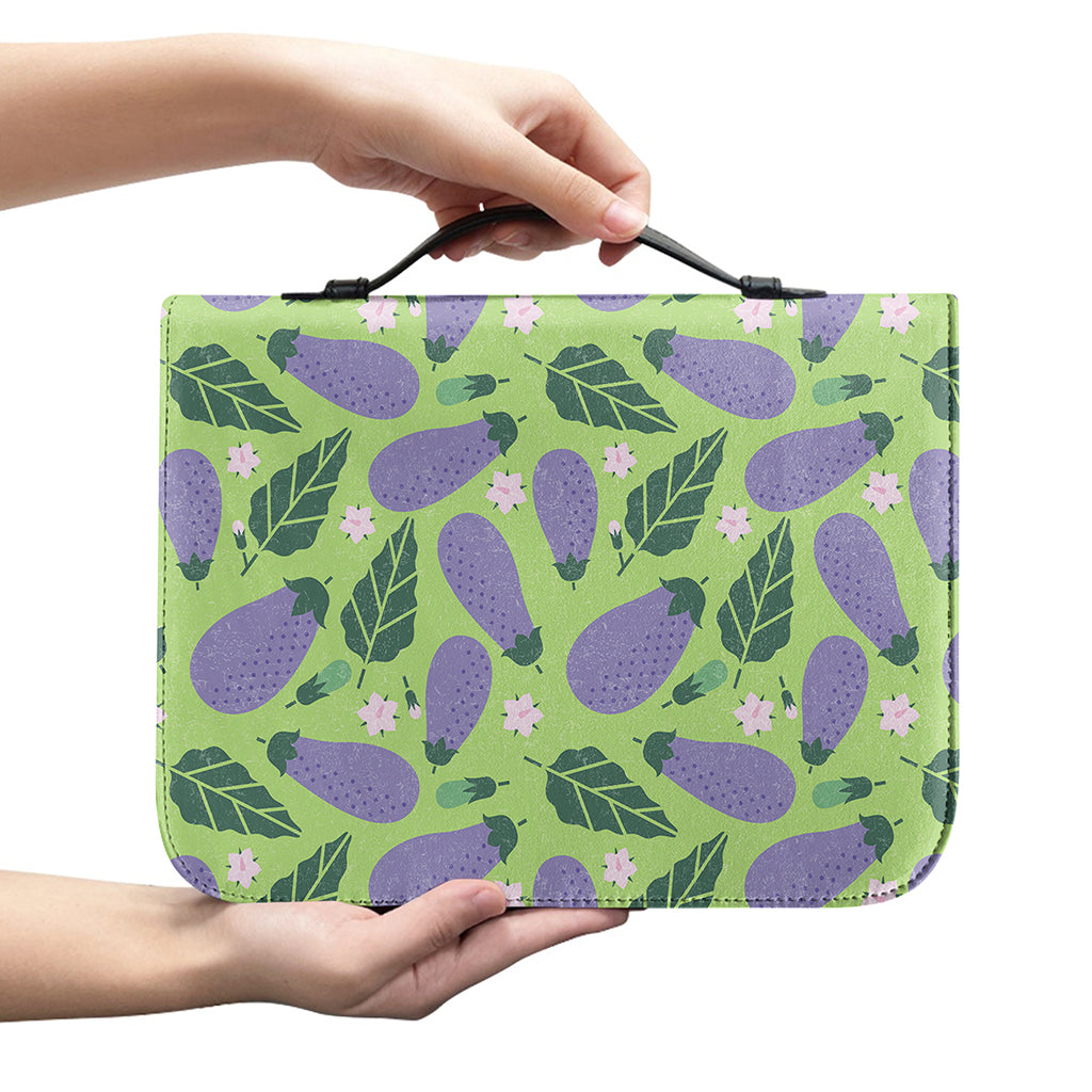 Eggplant With Leaves And Flowers Print Leather Bible Cover