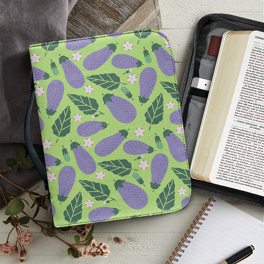 Eggplant With Leaves And Flowers Print Leather Bible Cover
