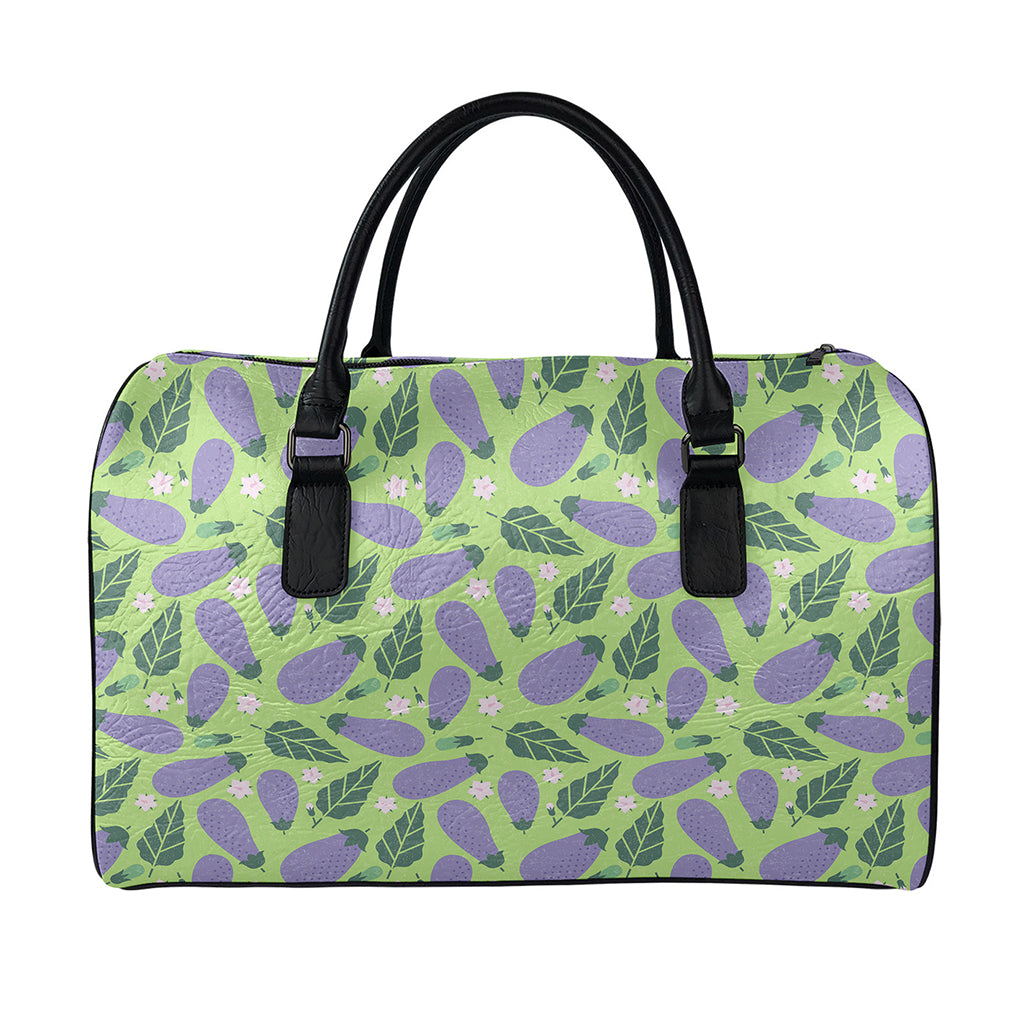 Eggplant With Leaves And Flowers Print Leather Duffle Bag