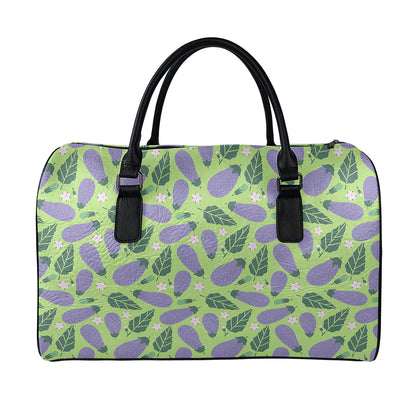 Eggplant With Leaves And Flowers Print Leather Duffle Bag