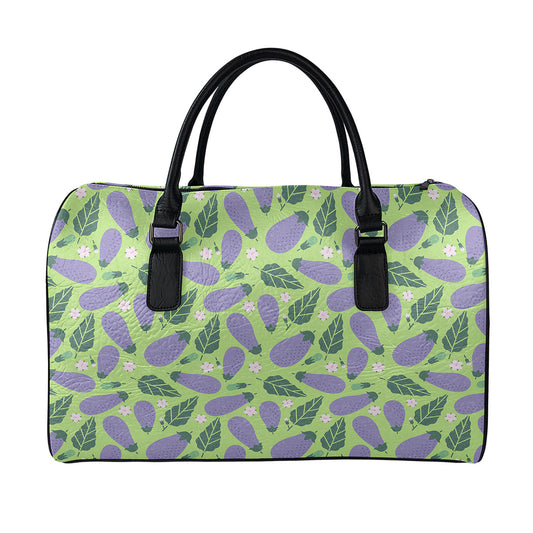 Eggplant With Leaves And Flowers Print Leather Duffle Bag