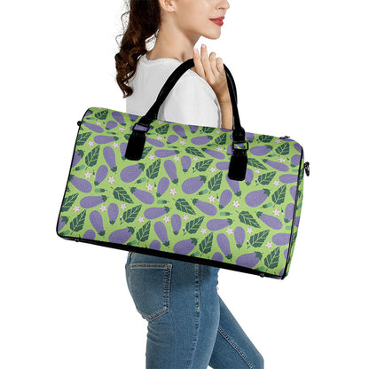 Eggplant With Leaves And Flowers Print Leather Duffle Bag