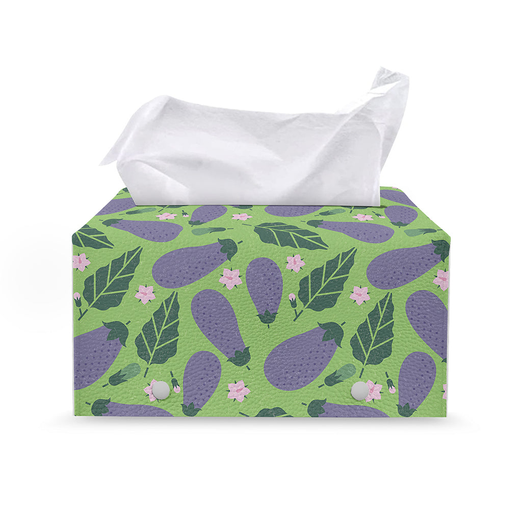 Eggplant With Leaves And Flowers Print Leather Tissue Box Cover