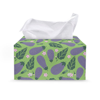 Eggplant With Leaves And Flowers Print Leather Tissue Box Cover