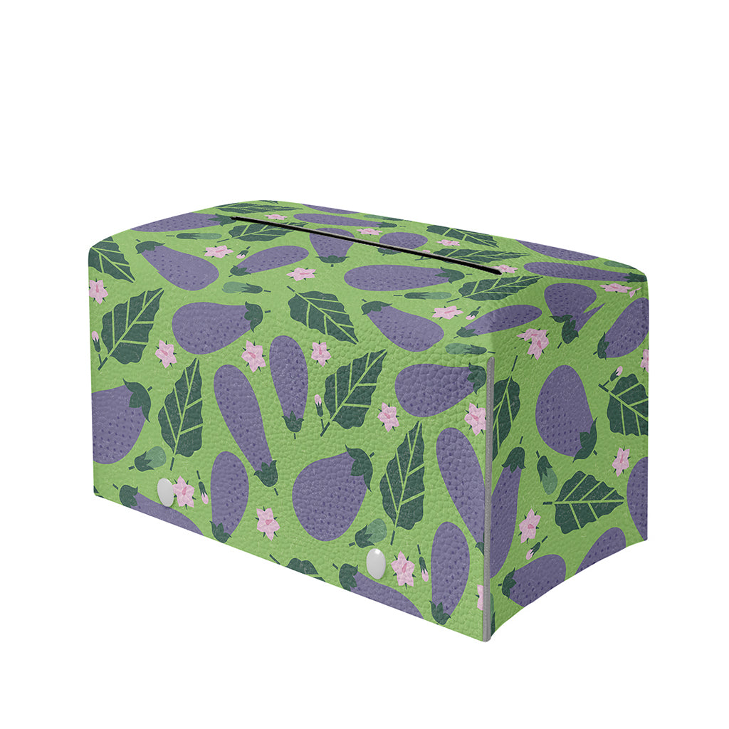 Eggplant With Leaves And Flowers Print Leather Tissue Box Cover