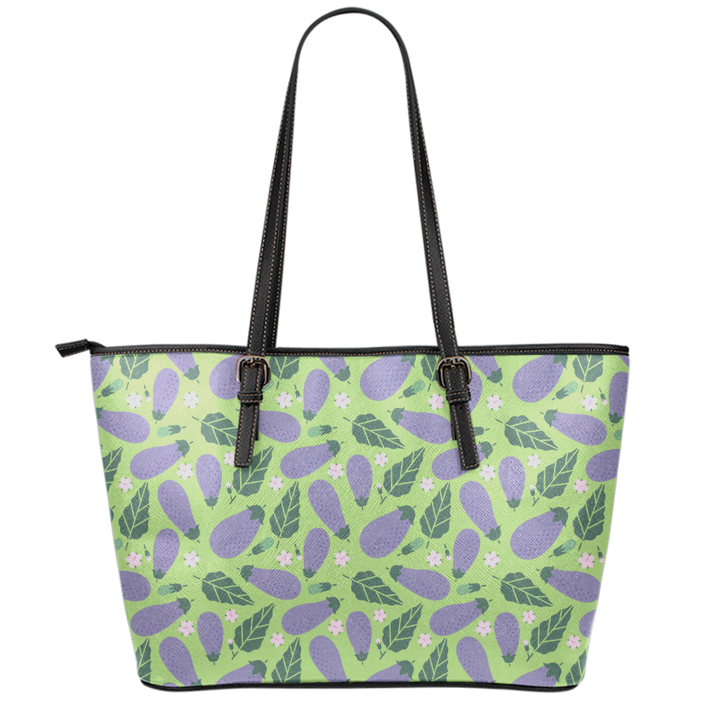 Eggplant With Leaves And Flowers Print Leather Tote Bag